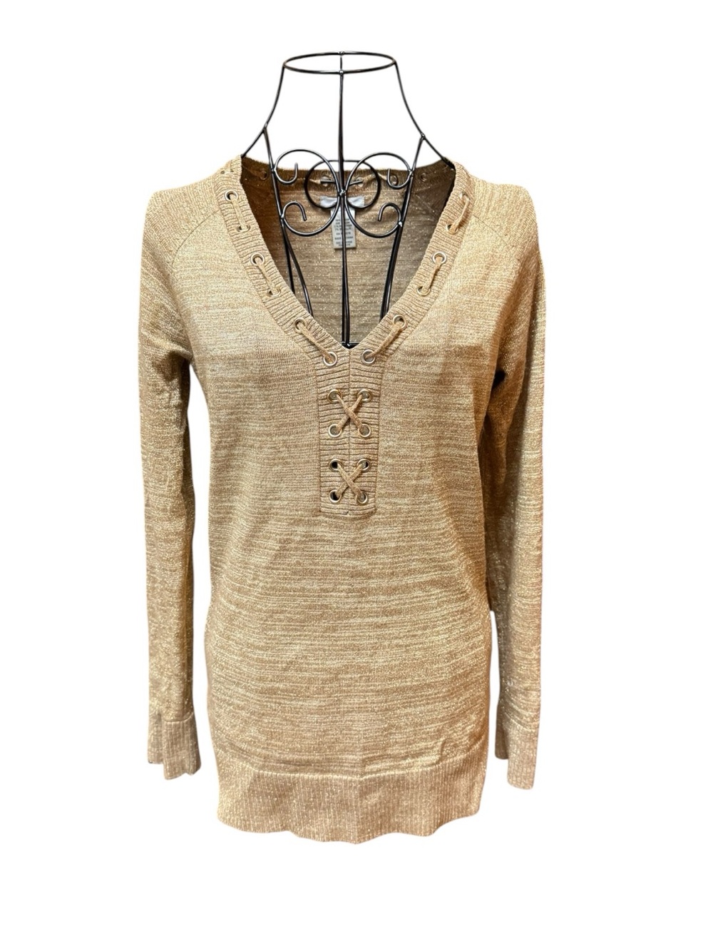 Vintage Y2K Cache Lace Up Grommet V-Neck Knit Sweater Tunic Dark Metallic Gold